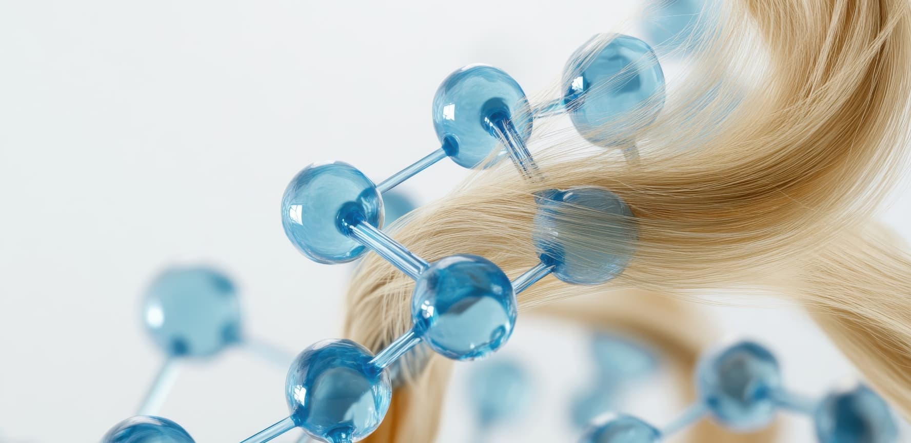 Hair strand illustration with blue molecules